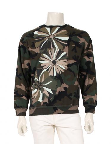 VALENTINO・トップス・クルーネックスウェットシャツ フラワー ヒートシールド スウェット 迷彩柄 コットン カーキ グレーベージュ 黒
