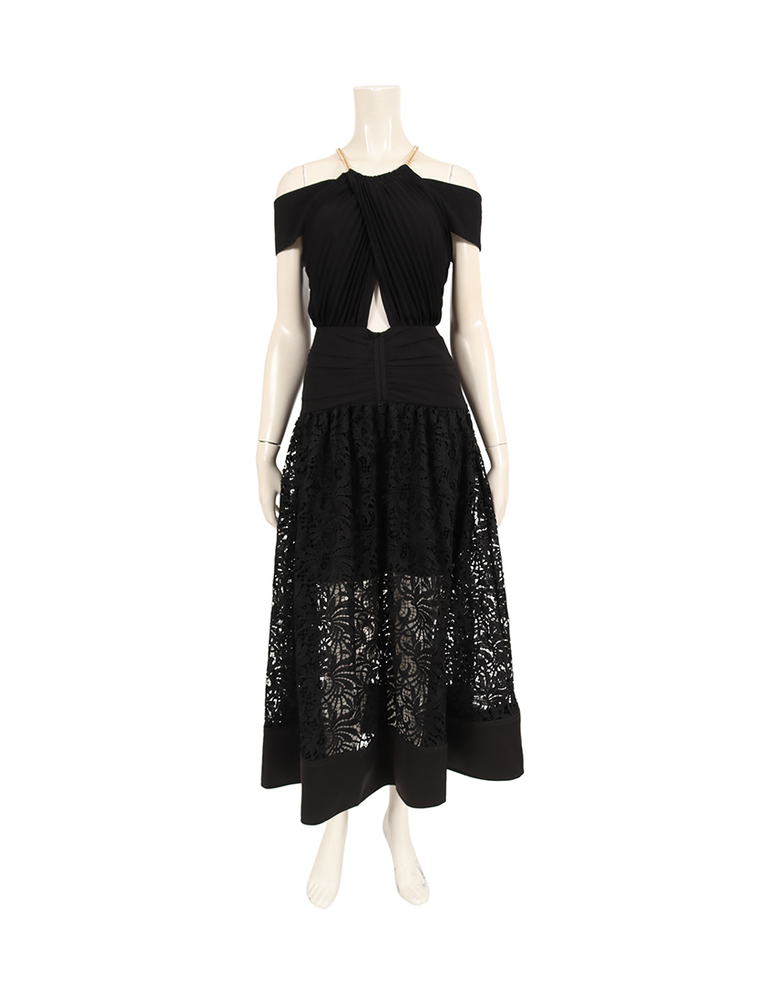 セルフポートレイト Selfportrait Across Shoulder Midi Dress ドレスワンピース レース 黒 プリーツ ハイブランド ブランド専門の中古通販サイト