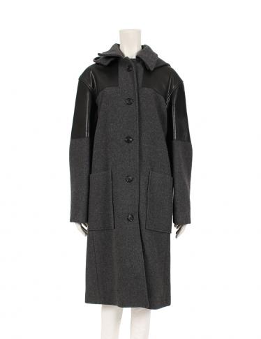 セリーヌ Celine ロングコート ウール グレー 黒 フード付き レザー切替 ハイブランド ブランド専門の中古通販サイト