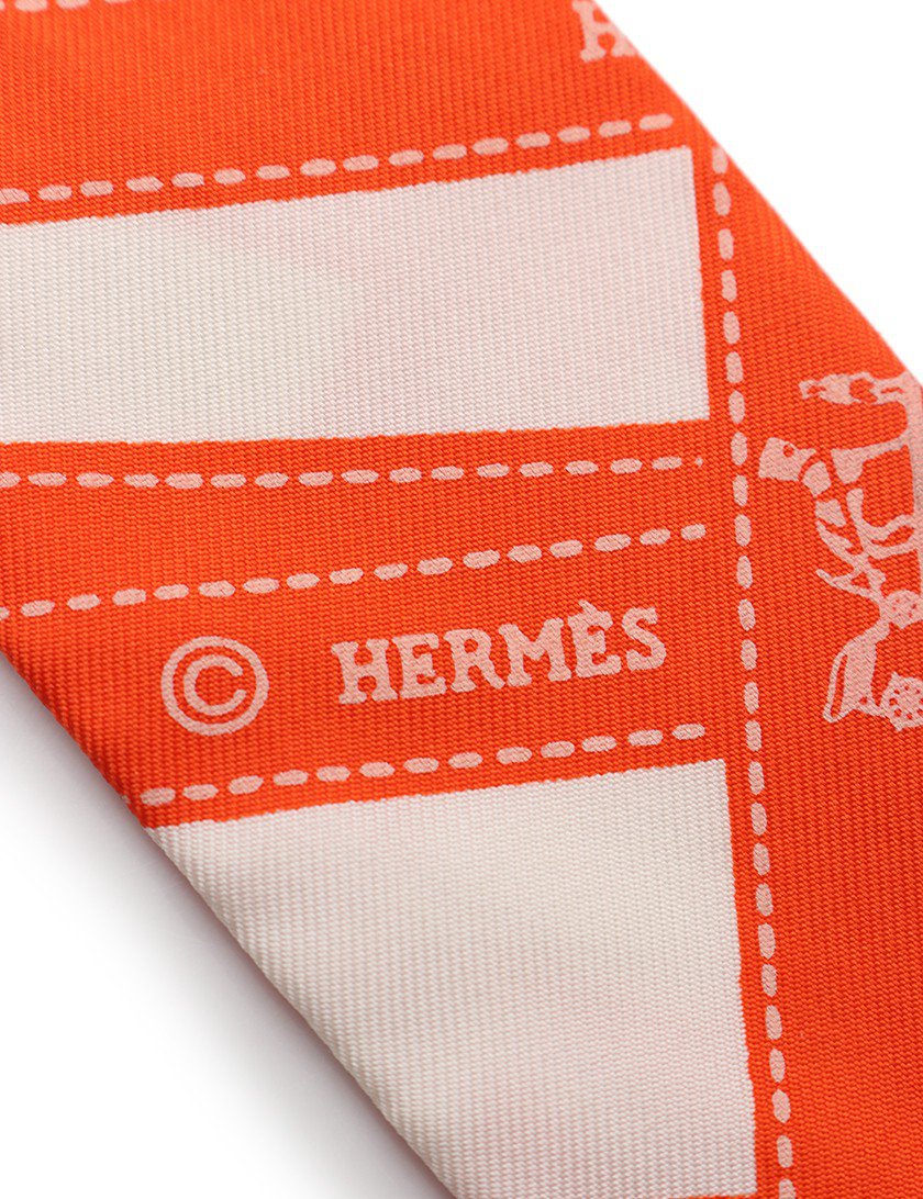 エルメス(HERMES)ツイリー|リボンスカーフ|ボルデュックリボン柄|シルク|白|オレンジ|2004WAIKIKI限定|ハイブランド・ブランド専門の中古通販サイト(489331)