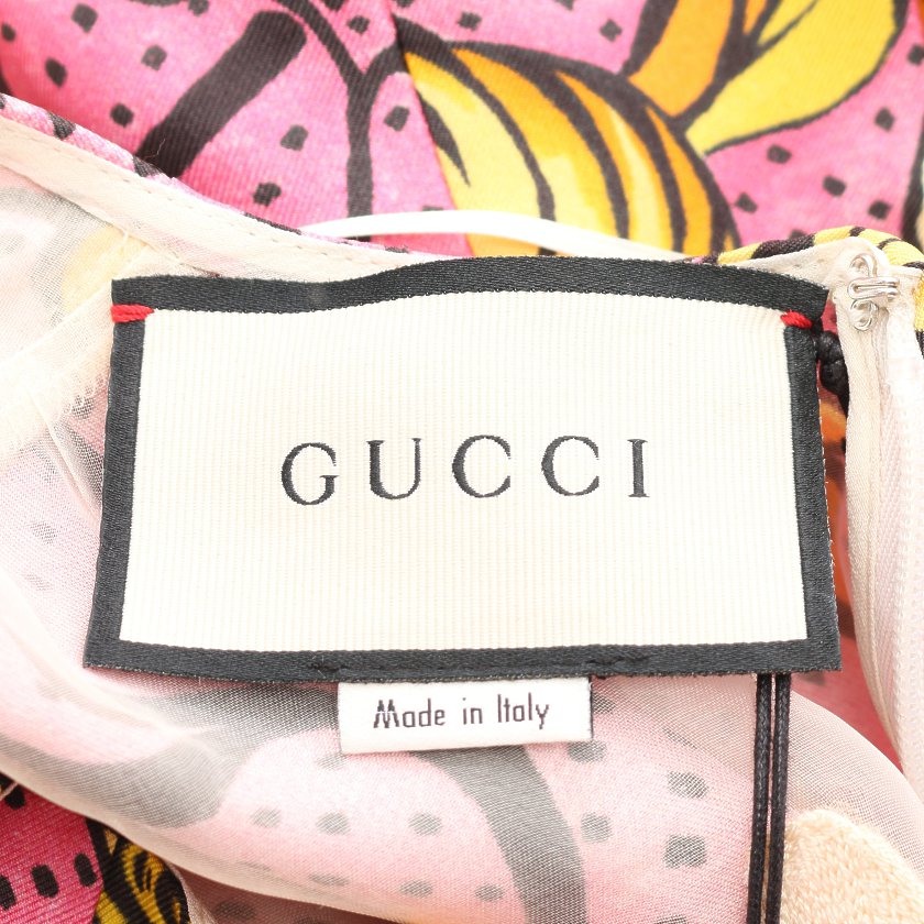 グッチ Gucci ワンピース ノースリーブ シルク ピンク 黄色 黒 フラワーモチーフ 19ss ハイブランド ブランド専門の中古通販サイト