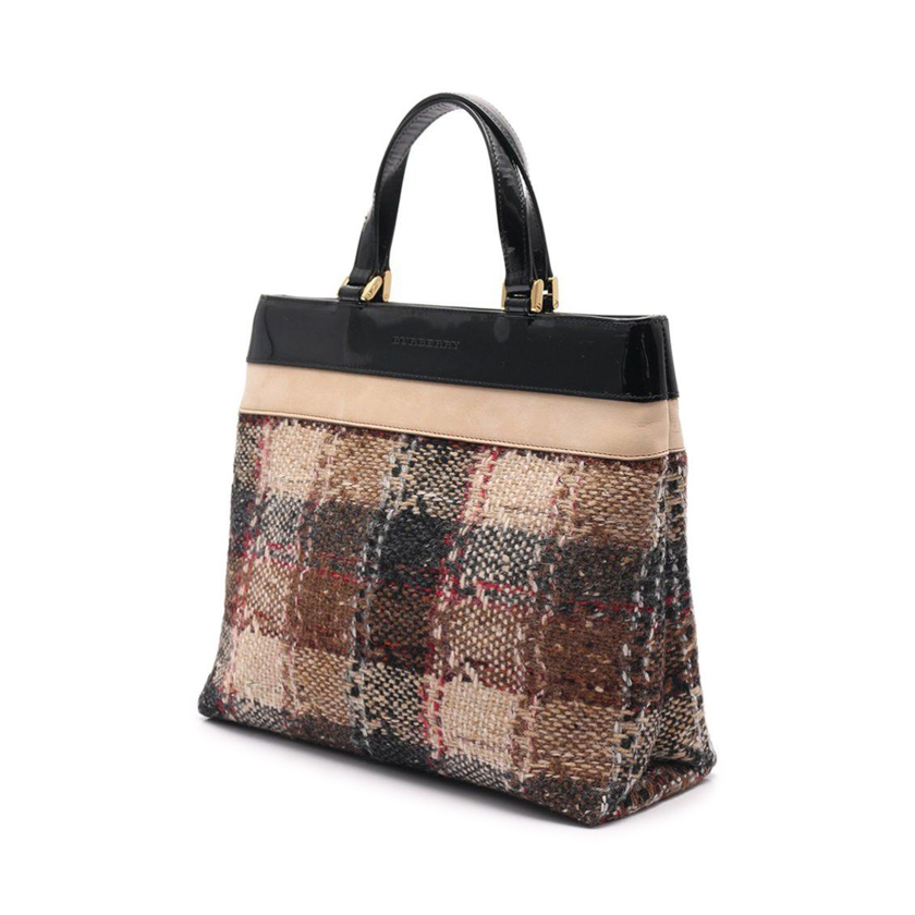 バーバリー(BURBERRY)|ハンドバッグ|チェック柄|ツイード|エナメルレザー|ベージュ|黒|ハイブランド・ブランド専門の中古通販サイト(545751)