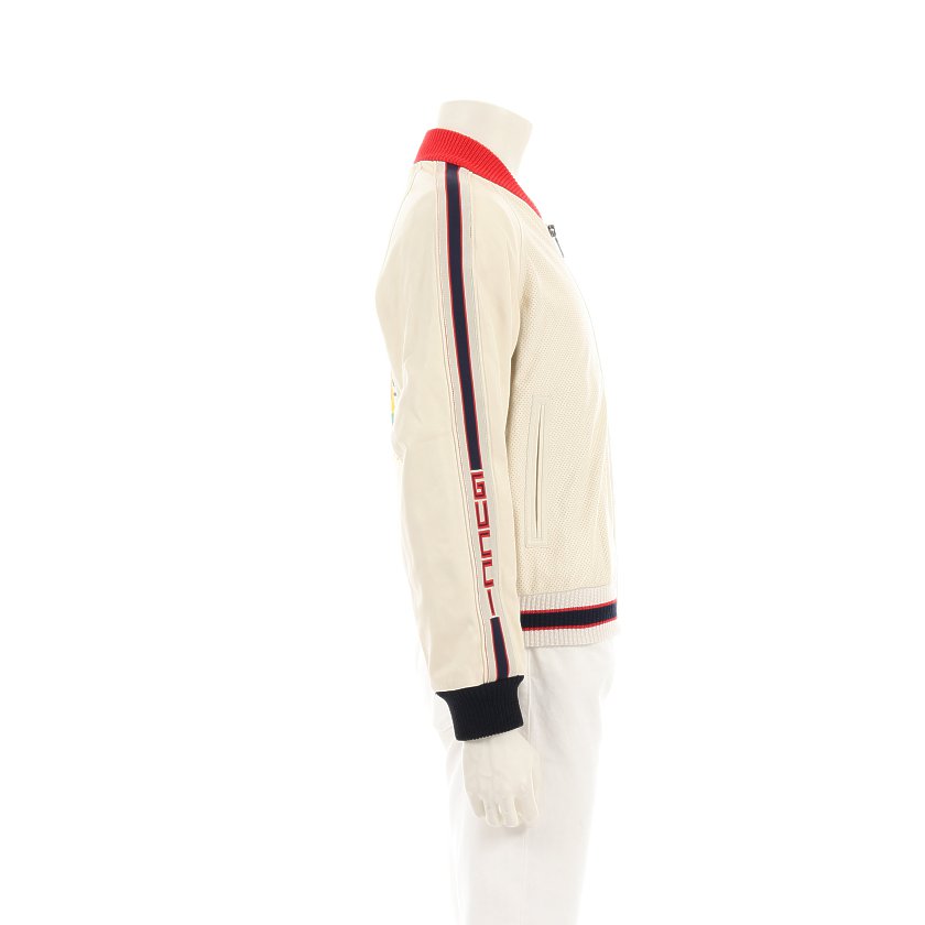 グッチ(GUCCI)グッチ|ロゴ|ブローグレザー|ボンバージャケット|アイボリー|赤|ネイビー|2018SS|ハイブランド・ブランド専門の中古通販サイト(585936) グッチ(GUCCI)グッチ|ロゴ|ブローグレザー|ボンバージャケット|アイボリー|赤|ネイビー|2018SS|ハイブランド・ブランド専門の中古通販サイト(585936)