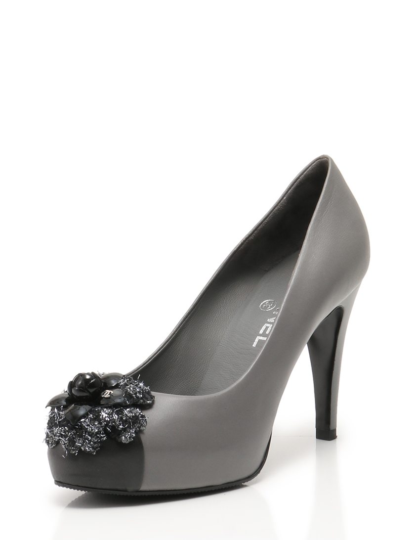 シャネル(CHANEL)ヒールパンプス|カメリア|フラワー|レザー|黒|グレー|12A|ハイブランド・ブランド専門の中古通販サイト(56021)