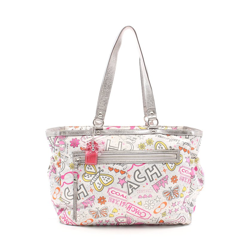 コーチ Coach バンダナ グラフィティ マザーズバッグ トートバッグ サテン レザー ライトグレー 白 マルチカラー 2way ハイブランド ブランド専門の中古通販サイト
