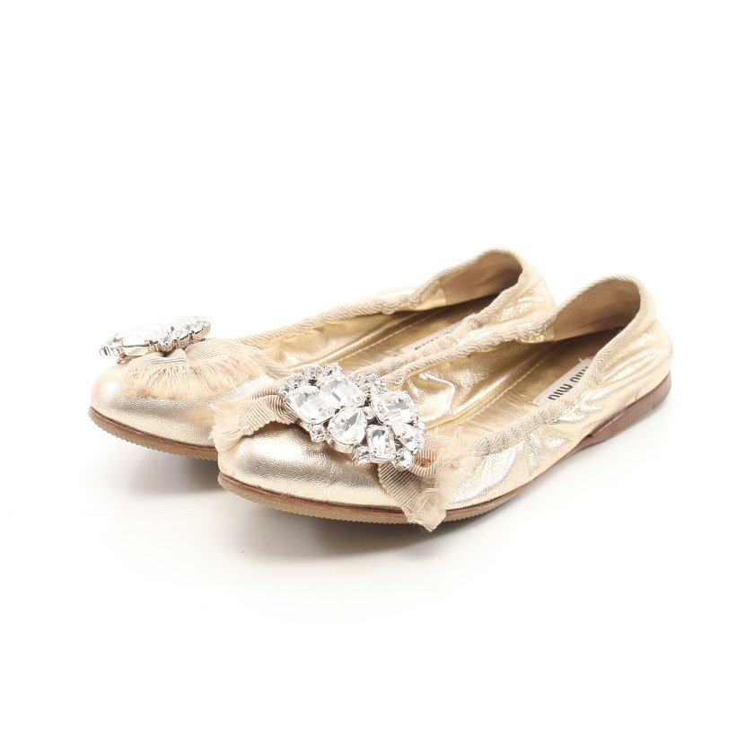 ミュウミュウ Miu Miu フラットシューズ レザー シャンパンゴールド ビジュー ハイブランド ブランド専門の中古通販サイト