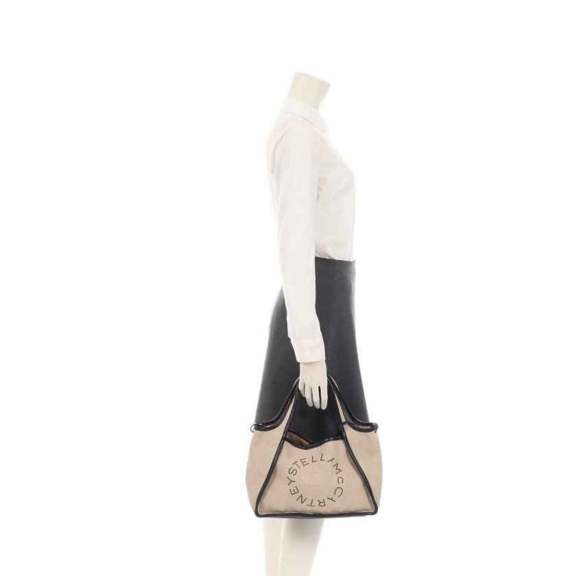 ステラマッカートニー(Stella McCartney)ステラ|ロゴ|トートバッグ|麻|フェイクレザー|ベージュ|黒|2WAY|ハイブランド・ブランド専門の中古通販サイト(635005)