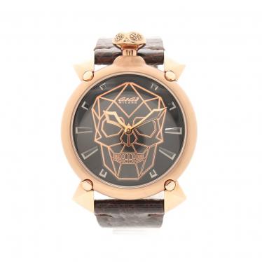 ガガミラノ Gaga Milano マヌアーレ 45mm バイオニックスカル メンズ 腕時計 自動巻き Gp レザー ピンクゴールド ダークブラウン 黒文字盤 500本限定 ハイブランド ブランド専門の中古通販サイト
