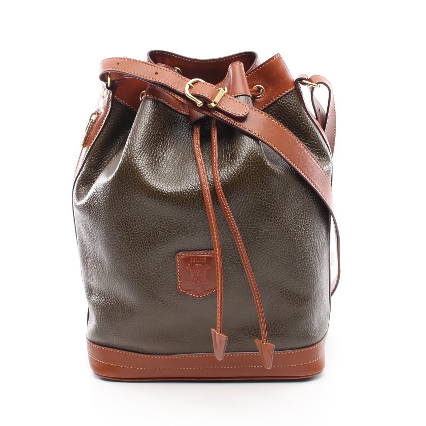 セリーヌ Celine ショルダーバッグ レザー カーキグリーン ブラウン ドローストリング 巾着 ヴィンテージ ハイブランド ブランド専門の中古通販サイト