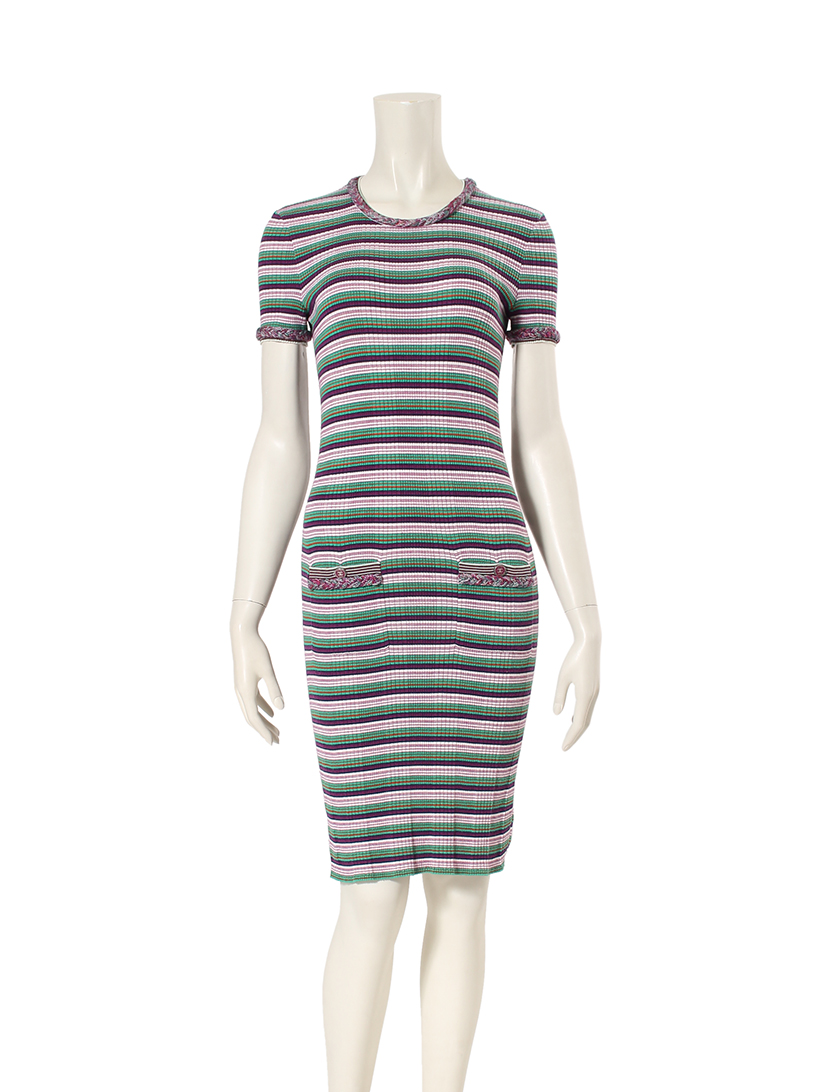 シャネル Chanel ニットワンピース 半袖 リブ 編み ボーダー カシミヤ シルク混 パープル マルチカラー 09p ハイブランド ブランド専門の中古通販サイト