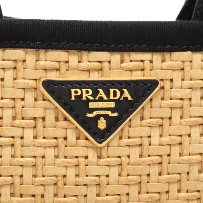 プラダ(PRADA)カナパ|かごバッグ|ハンドバッグ|トートバッグ|ストロー|キャンバス|ベージュ|ブラック|2WAY|ハイブランド・ブランド専門の中古通販サイト(734550)