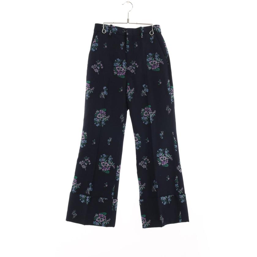 GUCCI・ボトムス・Cotton and wool-blend jacquard wide-leg pants スラックス トラウザーズ フローラル ウール ネイビー マルチカラー