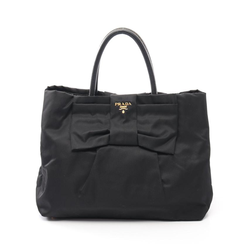 PRADA　プラダ　フィオッコ　リボン　ハンドバッグ　トートバッグ　ナイロン　黒 PRADA・バッグ・TESSUTO FIOCCO ハンドバッグ ナイロン レザー
