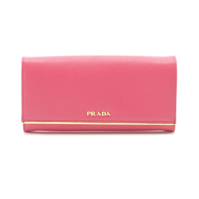 プラダ(PRADA)|二つ折り長財布|サフィアーノレザー|ピンク|ロゴ金具|ハイブランド・ブランド専門の中古通販サイト(767996)