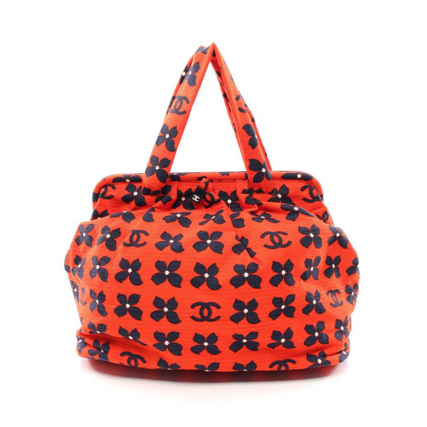 シャネル Chanel ココマーク ハンドバッグ 花柄 フラワー キャンバス オレンジレッド ダークネイビー ホワイト シルバー金具 がま口 ハイ ブランド ブランド専門の中古通販サイト