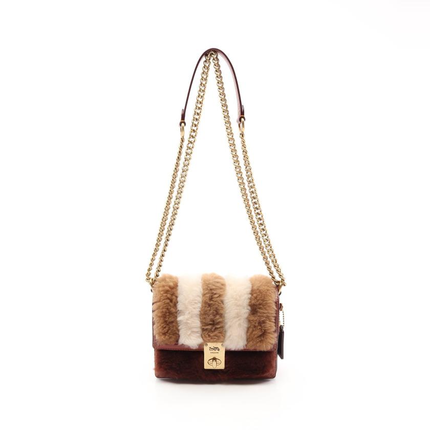 コーチ（COACH）HUTTON｜SHOULDER｜BAG｜18｜WITH｜PATCHWORK｜ハットン｜チェーンショルダーバッグ｜ストライプ｜シアリング｜レザー｜レッドブラウン｜ブラウン