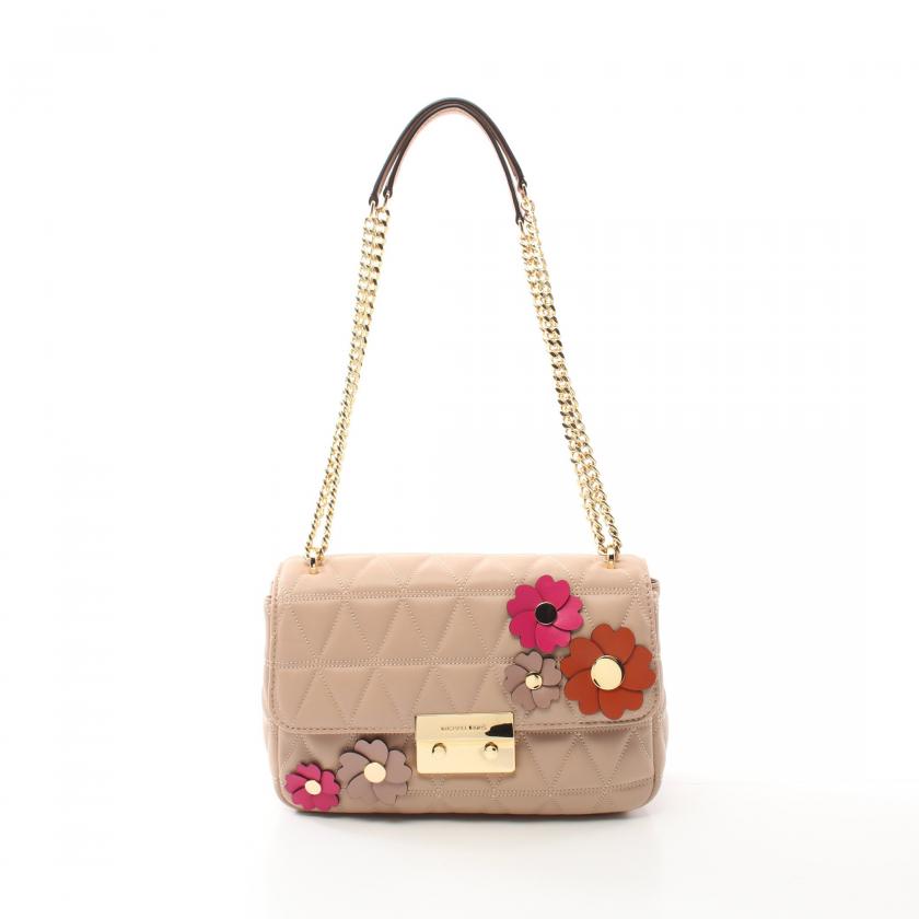 マイケルコース(MICHAEL KORS)FLORA|APPLIQUE|Wチェーンショルダーバッグ|レザー|ピンクベージュ|マルチカラー|ハイブランド・ブランド専門の中古通販サイト(801906)