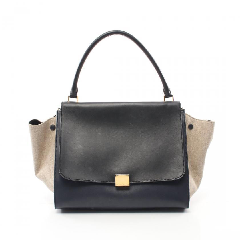 CELINE・バッグ・トラペーズ ミディアム ハンドバッグ キャンバス レザー ネイビー グレーベージュ