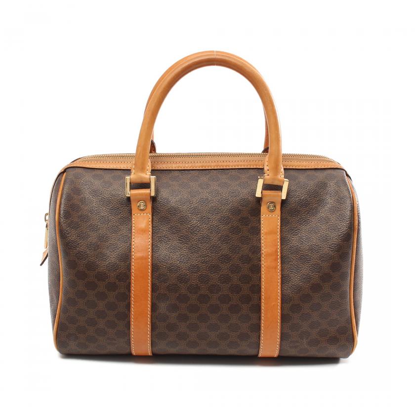 美品 セリーヌ ミニボストン ハンドバッグ　2way マカダム PVC　ブラウン マカダム ハンドバッグ ミニボストンバッグ PVC レザー ダーク