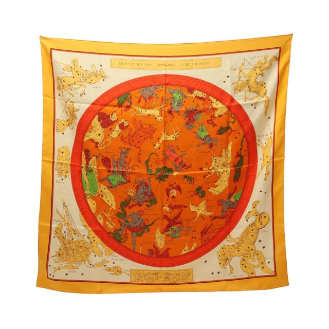 カレ90 HEMISPHARIUM COELI BOREALE スカーフ シルク オレンジ マルチカラー