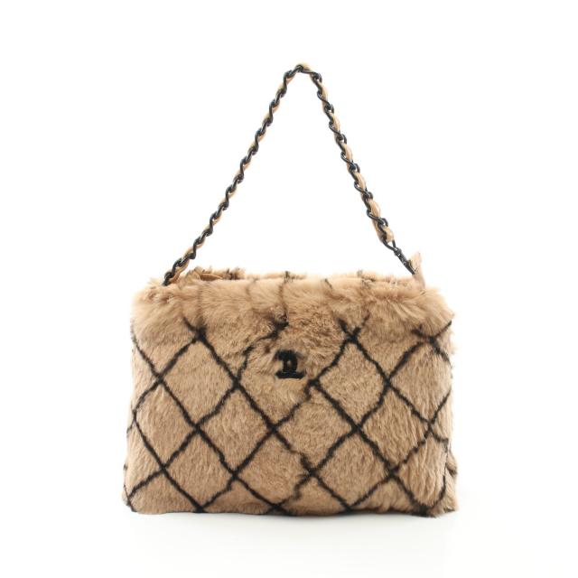 マトラッセ チェーンハンドバッグ ラパンファー レザー  ベージュ ブラック ブラック金具