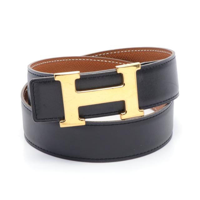 コンスタンス Hベルト ノワール ゴールド ベルト ボックスカーフ クシュベル ブラック ライトブラウン ゴールド金具 リバーシブル □A刻印