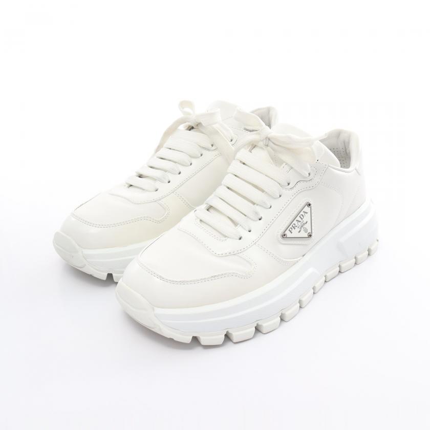 極美品✨PRADA オールレザー 三角ロゴプレート Prax01 スニーカー 白 セール】プラダ☆レザー 三角ロゴ スニーカー☆1E868M 3ON8