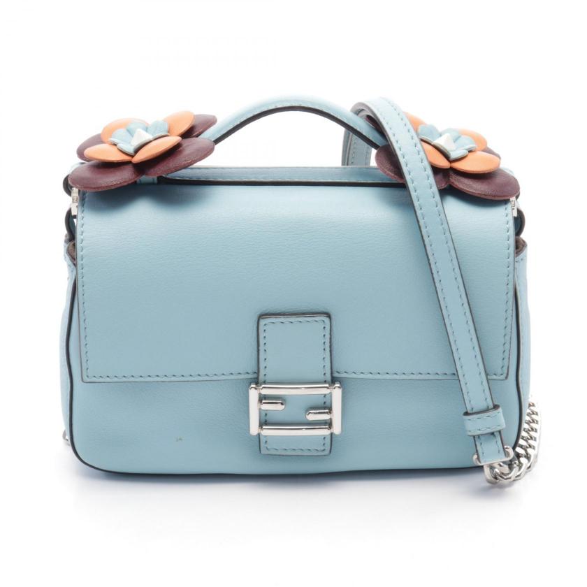 FENDI・バッグ・ダブルマイクロバゲット ハンドバッグ レザー グレーベージュ ライトブルー オレンジ 2WAY フラワー
