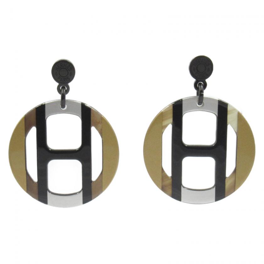 HERMES・アクセサリー・Hエキップ イリュジョン・ドゥ・ニュイ ピアス ピアス シルバーメッキ バッファローホーン ブラウン ブラック イリュジョン・ドゥ・ニュイ