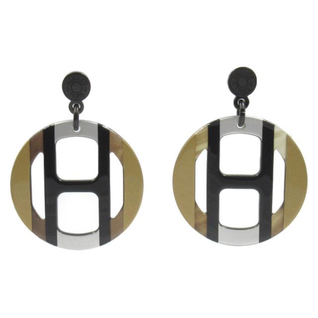HERMES・アクセサリー・Hエキップ イリュジョン・ドゥ・ニュイ ピアス ピアス シルバーメッキ バッファローホーン ブラウン ブラック イリュジョン・ドゥ・ニュイ