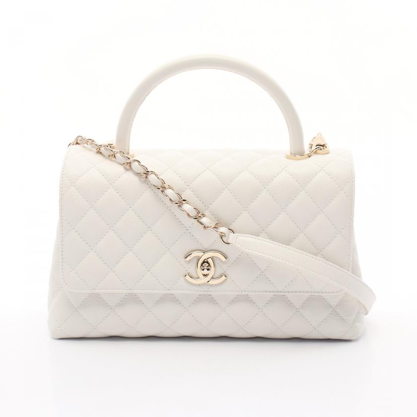 CHANEL・バッグ・ココハンドル29 ラージ トップハンドル フラップ バッグ マトラッセ ハンドバッグ キャビアスキン ホワイト ゴールド金具 2WAY