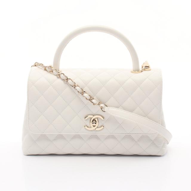 CHANEL・バッグ・ココハンドル29 ラージ トップハンドル フラップ バッグ マトラッセ ハンドバッグ キャビアスキン ホワイト ゴールド金具 2WAY