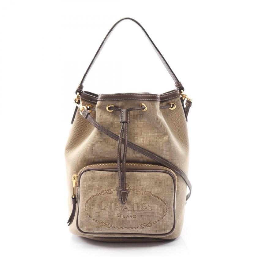 PRADA・バッグ・ハンドバッグ キャンバス レザー ベージュ ダークブラウン 2WAY 巾着