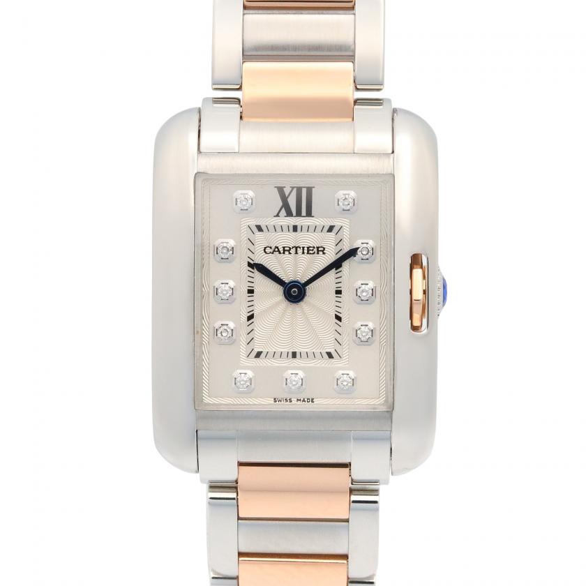 Cartier・時計・タンクアングレーズ SM レディース 腕時計 クオーツ K18PG（ピンクゴールド） ステンレススチール ダイヤモンド シルバー