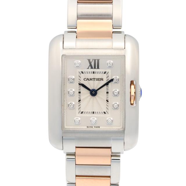 Cartier・時計・タンクアングレーズ SM レディース 腕時計 クオーツ K18PG（ピンクゴールド） ステンレススチール ダイヤモンド シルバー