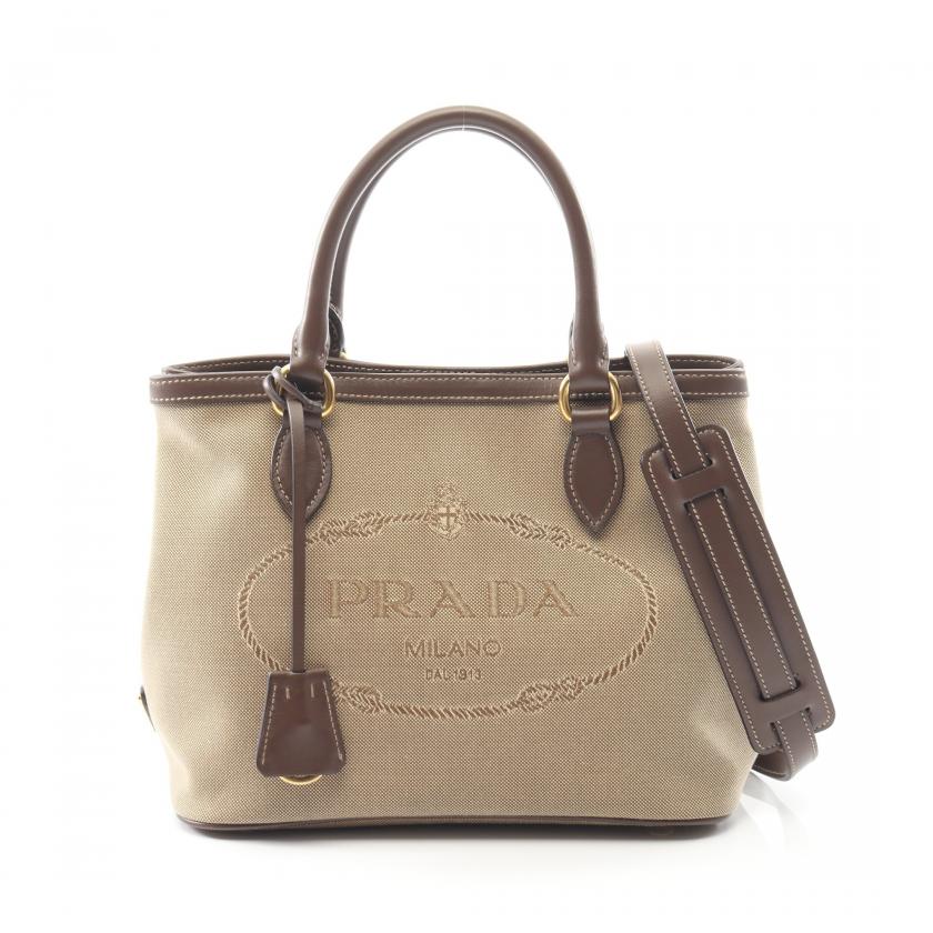 PRADA・バッグ・LOGO JACQUARD ロゴジャガード ハンドバッグ キャンバス レザー ベージュ ブラウン 2WAY