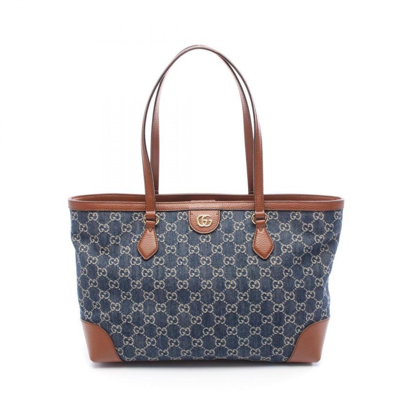 GUCCI・バッグ・ミディアムトート GGデニム ショルダーバッグ トートバッグ デニム レザー インディゴブルー ブラウン