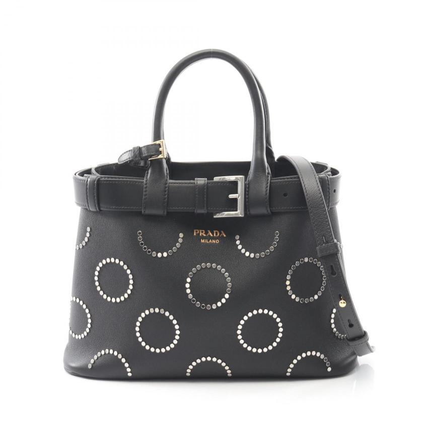 PRADA・バッグ・SOFT GRAIN VITE バックル ハンドバッグ トートバッグ レザー ブラック スタッズ 2WAY
