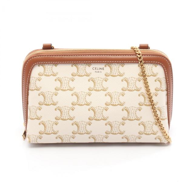 CELINE・バッグ・トリオンフ チェーンショルダーバッグ PVC レザー ホワイト ブラウン