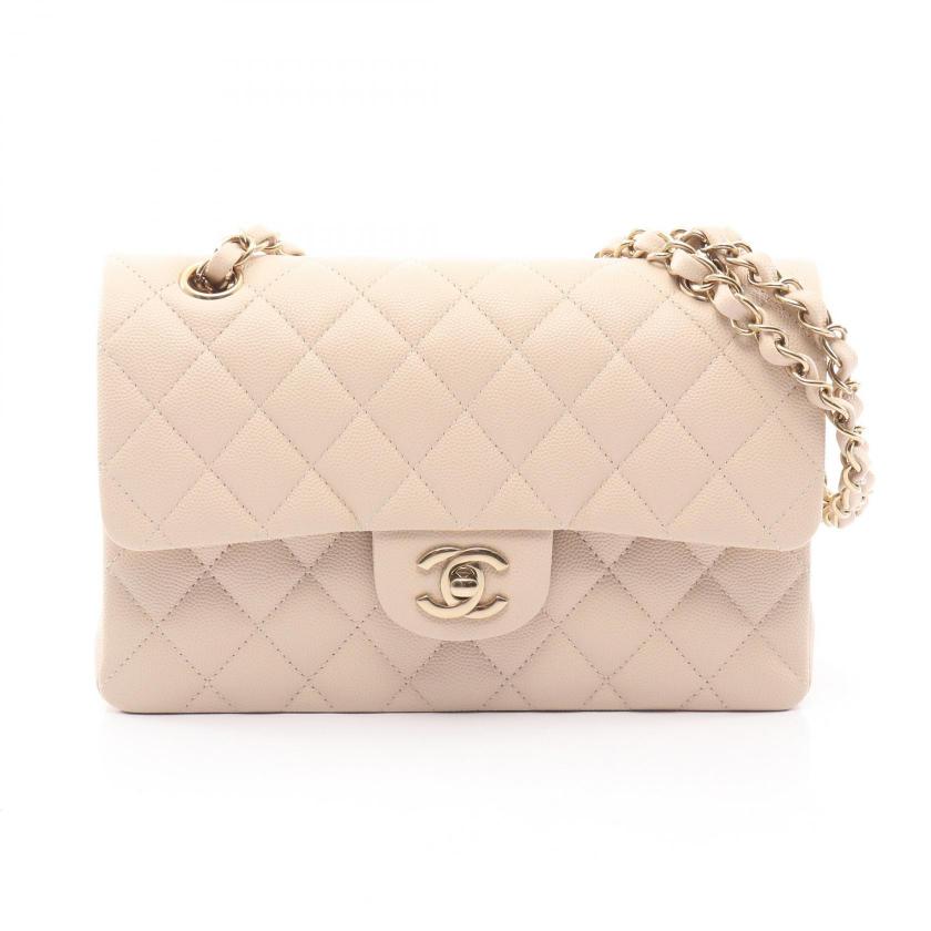 CHANEL・バッグ・マトラッセ Wフラップ Wチェーンショルダーバッグ キャビアスキン ライトベージュ ゴールド金具