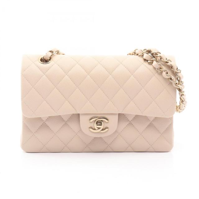 CHANEL・バッグ・マトラッセ Wフラップ Wチェーンショルダーバッグ キャビアスキン ライトベージュ ゴールド金具