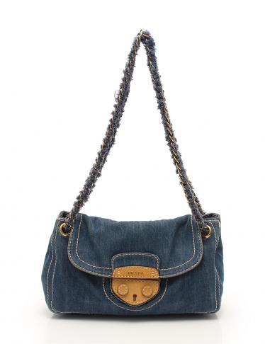 PRADA・バッグ・ チェーンショルダーバッグ デニム レザー ネイビー