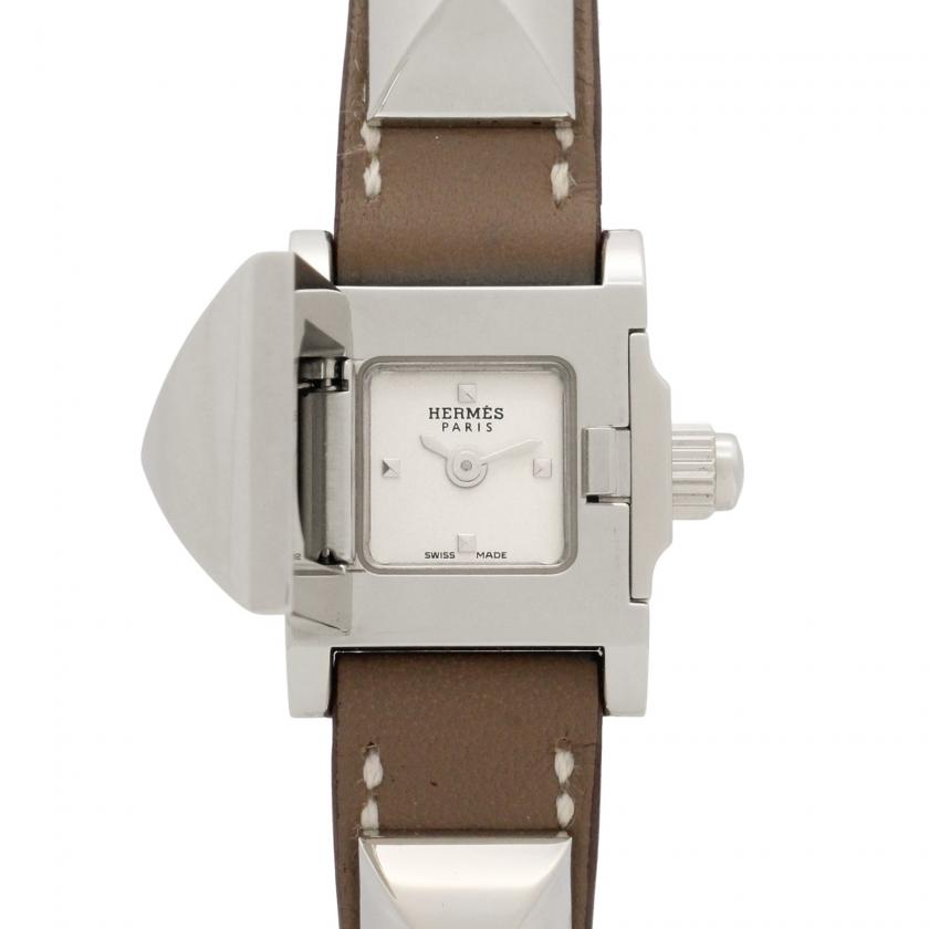 HERMES・時計・ミニ メドール レディース 腕時計 クオーツ ステンレススチール レザーベルト シルバー