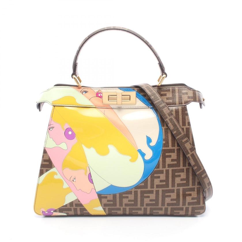 FENDI・バッグ・ピーカブー アイシーユー ミディアム 2WAY ハンドバッグ PVC エナメルレザー レザー ブラウン イエロー マルチカラー
