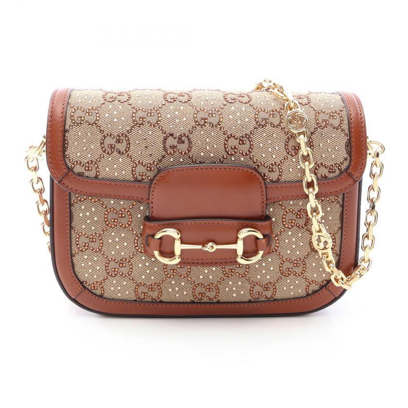 GUCCI・バッグ・ホースビット1955 GGキャンバス チェーンショルダーバッグ キャンバス レザー ベージュ ブラウン