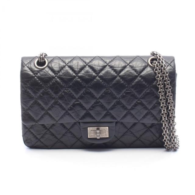 CHANEL・バッグ・2.55 マトラッセ マドモアゼルチェーン Wチェーンショルダーバッグ エイジドカーフスキン ブラック シルバー金具