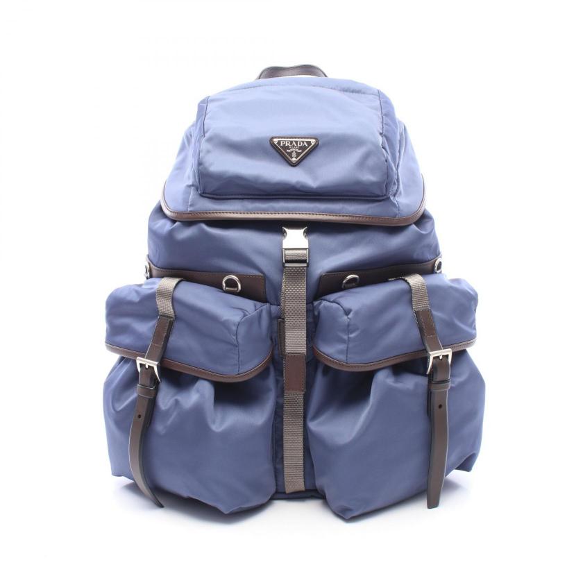 PRADA・バッグ・TESSUTO + VITELLO バックパック リュックサック ナイロン レザー ブルーグレー ダークブラウン
