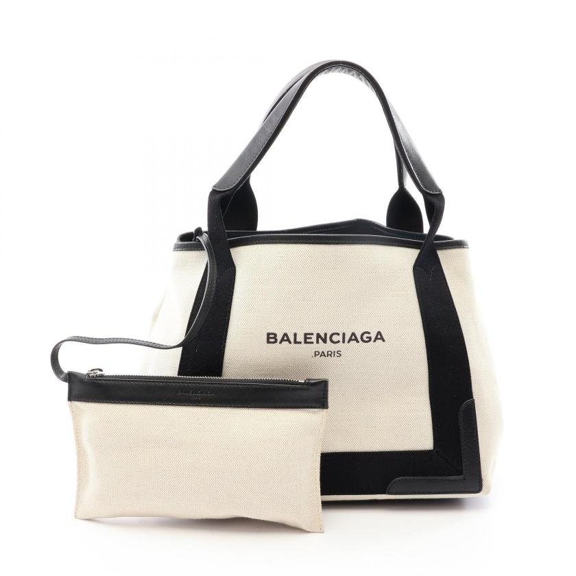 BALENCIAGA・バッグ・NAVY CABAS S ネイビーカバ ハンドバッグ トートバッグ キャンバス レザー アイボリー ブラック