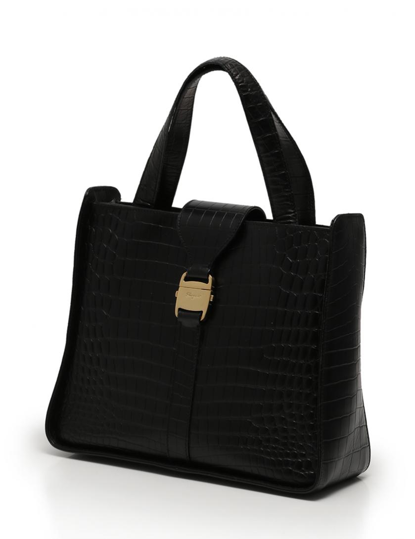 サルヴァトーレフェラガモ(Salvatore Ferragamo)ヴァラ|ハンドバッグ|2WAY|クロコ型押し|レザー|黒|ゴールド金具|ハイブランド・ブランド専門の中古通販サイト(194255)