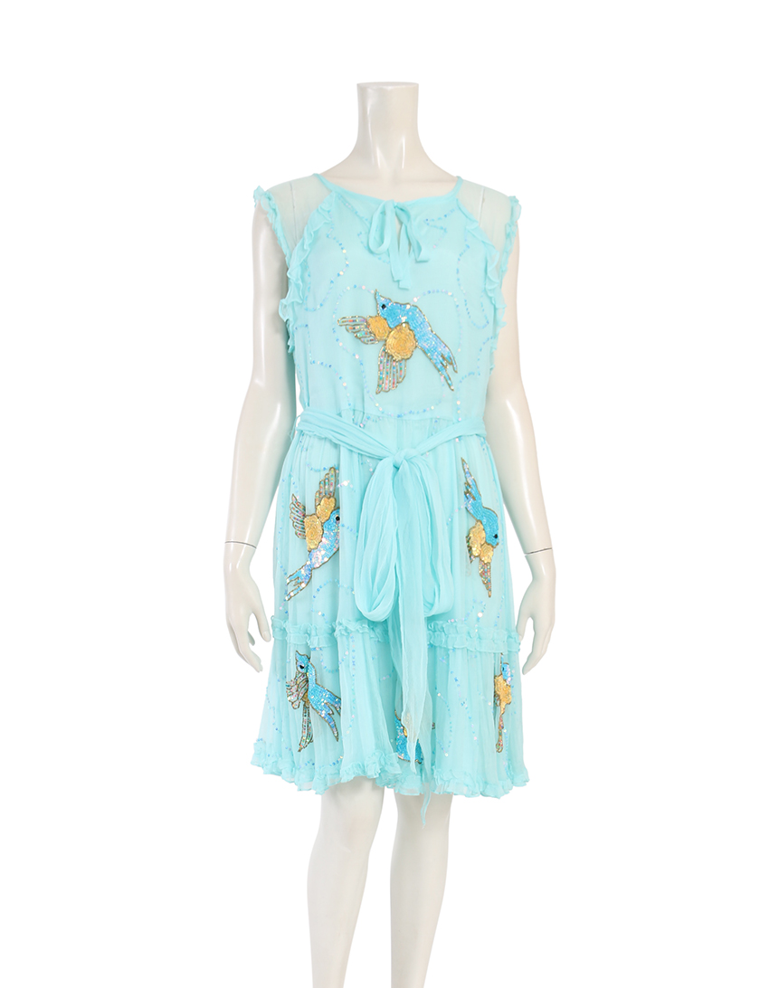 マヌーシュ Manoush ワンピース 鳥 水色 マルチカラー スパンコール ハイブランド ブランド専門の中古通販サイト